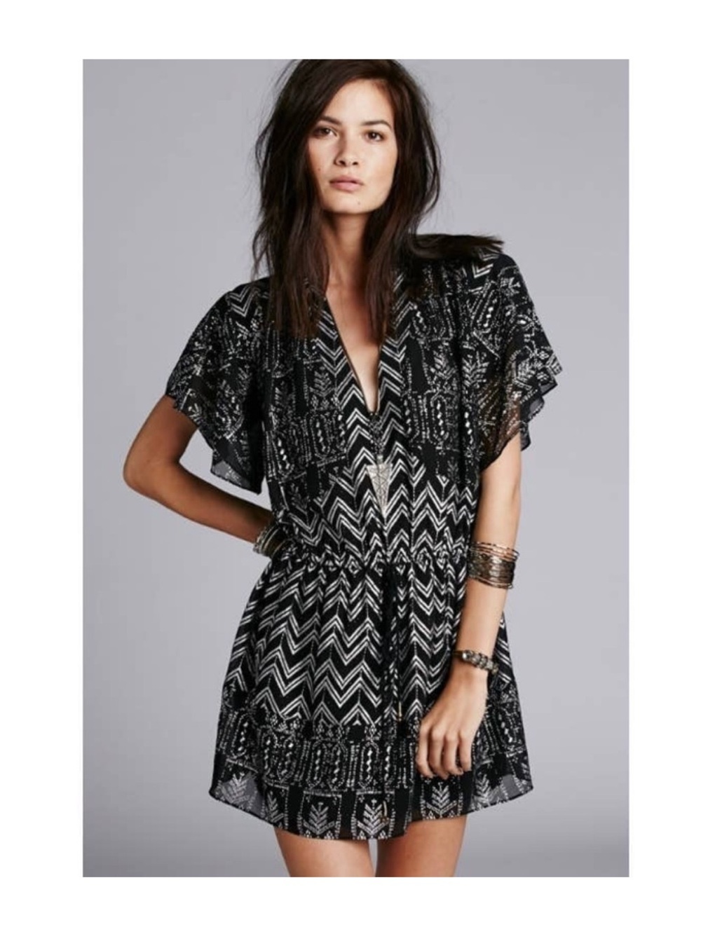 Free People Love Your Chaos Black Metallic Chevron Mini Dress Drop Waist M